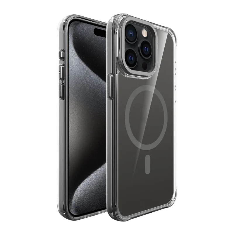 For iPhone 15 Pro Max Magnetic Case Shockproof TPU + PC Phone Back Cover with Metal Lens Kickstand - Black