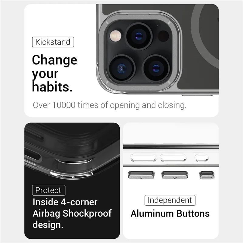 For iPhone 15 Pro Max Magnetic Case Shockproof TPU + PC Phone Back Cover with Metal Lens Kickstand - Black