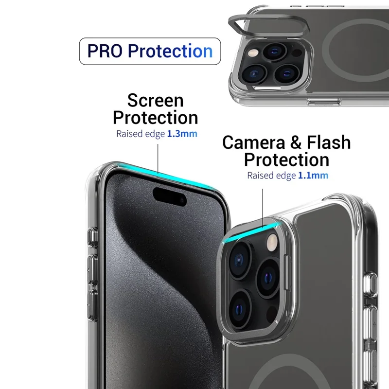 For iPhone 15 Pro Max Magnetic Case Shockproof TPU + PC Phone Back Cover with Metal Lens Kickstand - Black