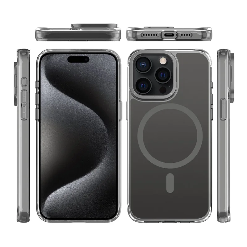 For iPhone 15 Pro Magnetic Case Shockproof TPU + PC Phone Back Cover with Metal Lens Kickstand - Black