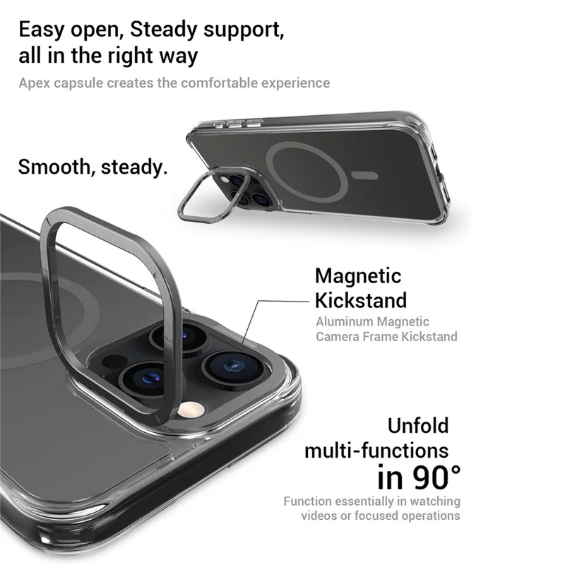 For iPhone 15 Pro Magnetic Case Shockproof TPU + PC Phone Back Cover with Metal Lens Kickstand - Black
