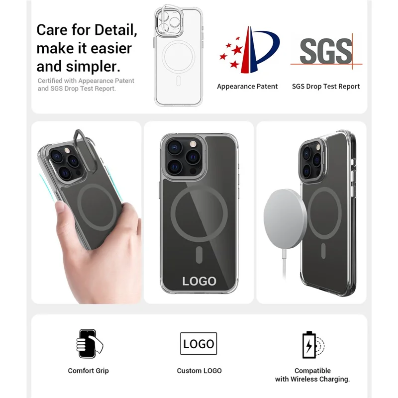 For iPhone 15 Pro Magnetic Case Shockproof TPU + PC Phone Back Cover with Metal Lens Kickstand - Black