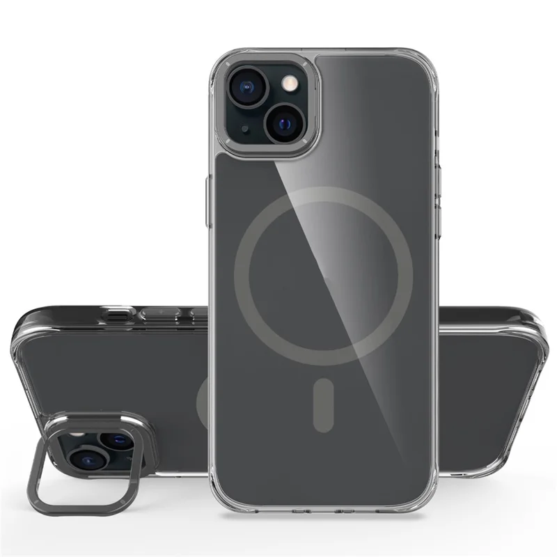 For iPhone 15 Magnetic Case Shockproof TPU + PC Phone Back Cover with Metal Lens Kickstand - Black