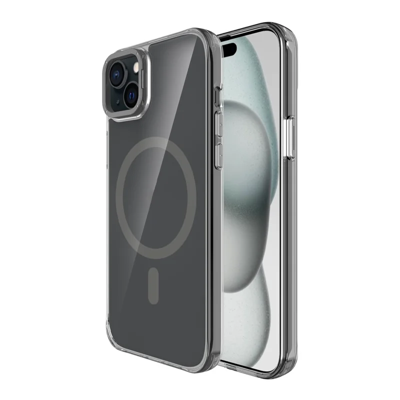 For iPhone 15 Magnetic Case Shockproof TPU + PC Phone Back Cover with Metal Lens Kickstand - Black