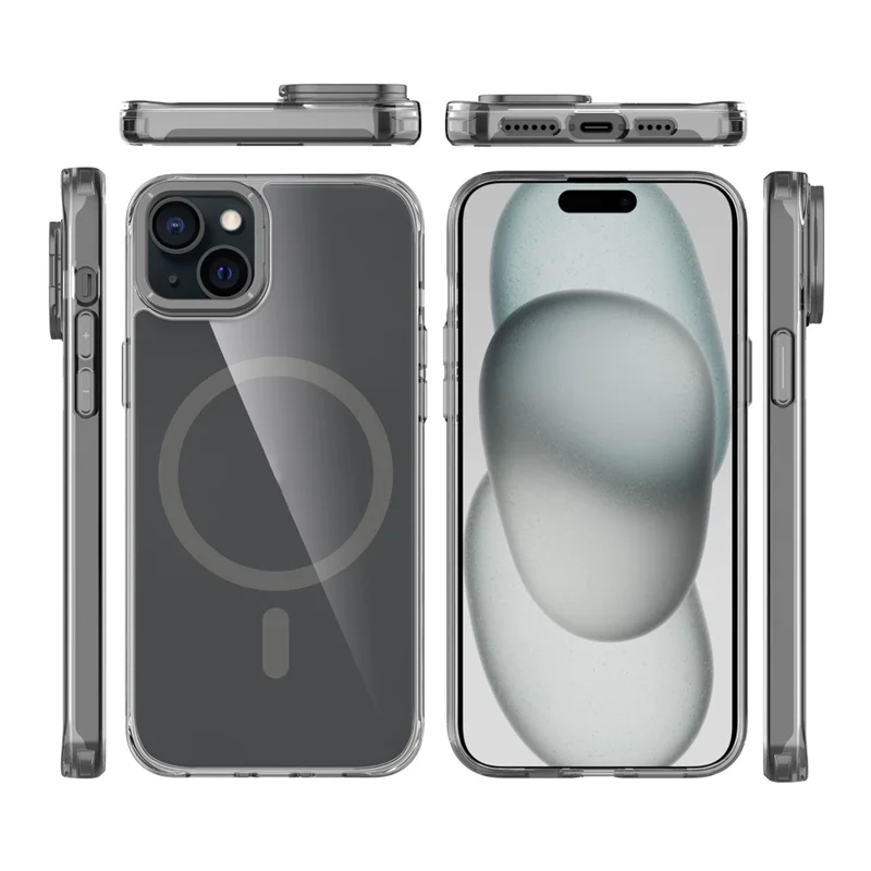 For iPhone 15 Magnetic Case Shockproof TPU + PC Phone Back Cover with Metal Lens Kickstand - Black