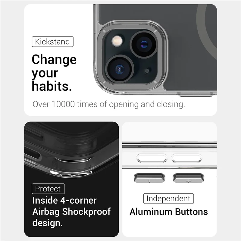 For iPhone 15 Magnetic Case Shockproof TPU + PC Phone Back Cover with Metal Lens Kickstand - Black