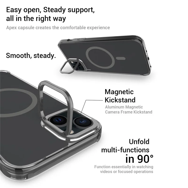 For iPhone 15 Magnetic Case Shockproof TPU + PC Phone Back Cover with Metal Lens Kickstand - Black
