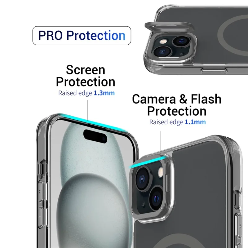 For iPhone 15 Magnetic Case Shockproof TPU + PC Phone Back Cover with Metal Lens Kickstand - Black