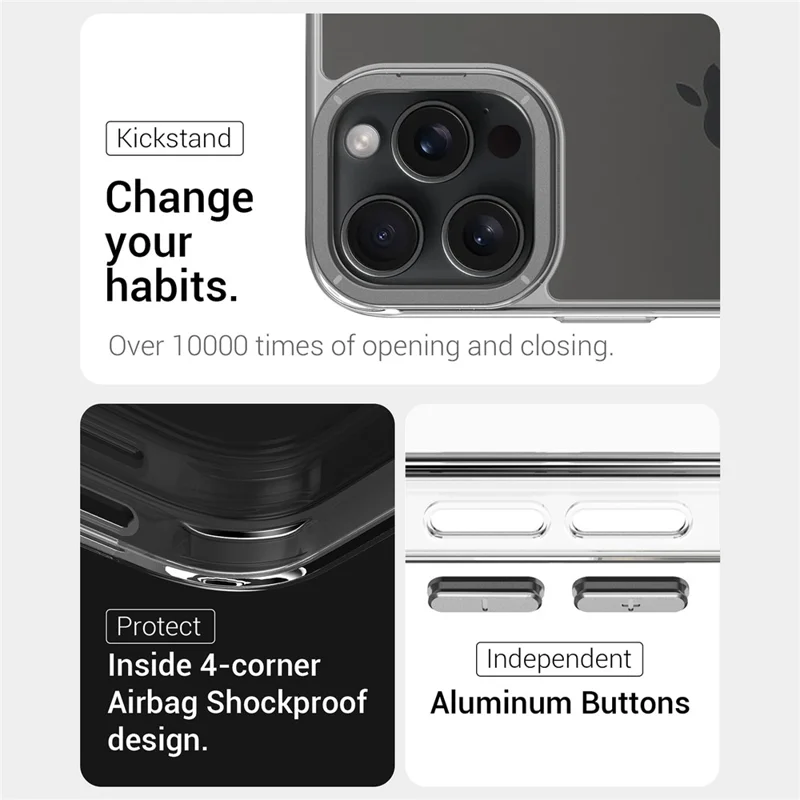 For iPhone 16 Pro Max Case Shockproof TPU + PC Phone Back Cover with Metal Lens Kickstand - Black