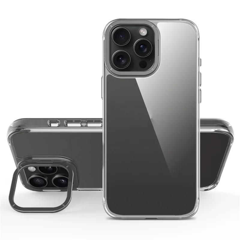 For iPhone 16 Pro Case Shockproof TPU + PC Phone Back Cover with Metal Lens Kickstand - Black