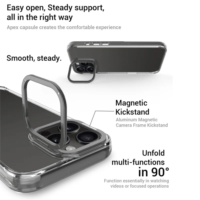 For iPhone 16 Pro Case Shockproof TPU + PC Phone Back Cover with Metal Lens Kickstand - Black