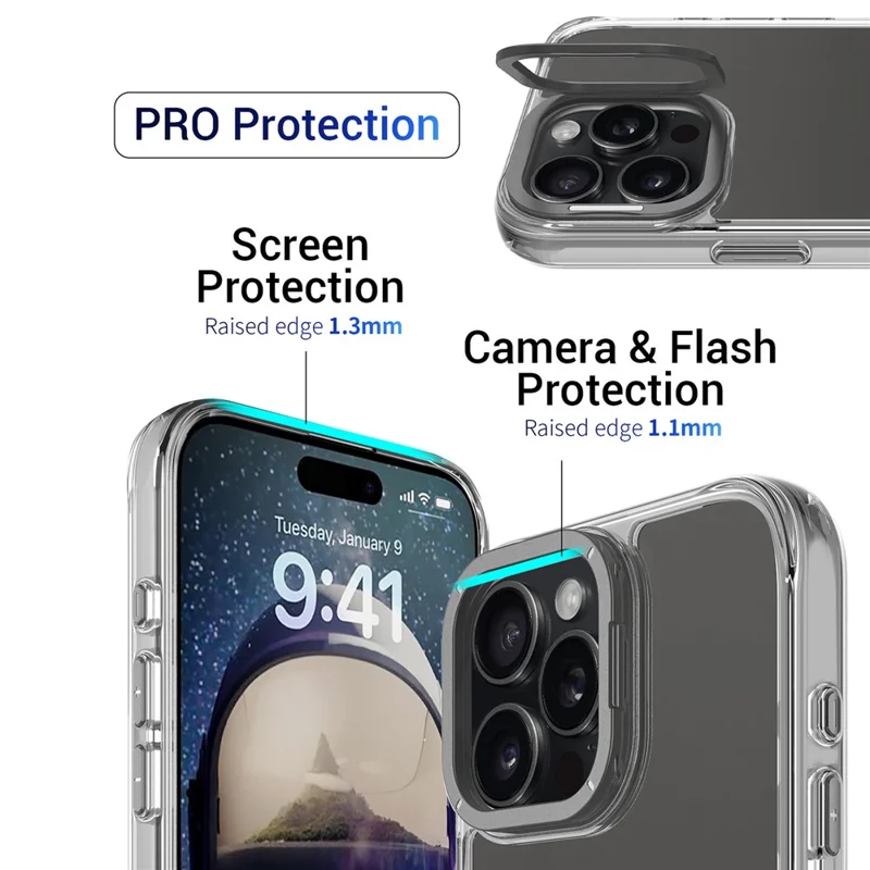 For iPhone 16 Pro Case Shockproof TPU + PC Phone Back Cover with Metal Lens Kickstand - Black