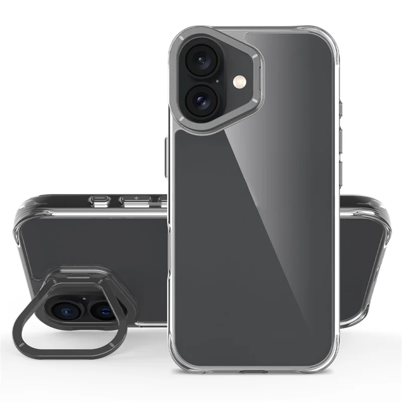 For iPhone 16 Case Shockproof TPU + PC Phone Back Cover with Metal Lens Kickstand - Black