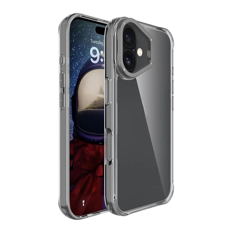 For iPhone 16 Case Shockproof TPU + PC Phone Back Cover with Metal Lens Kickstand - Black