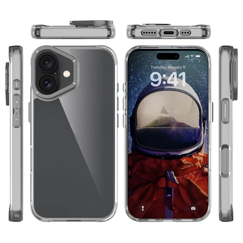 For iPhone 16 Case Shockproof TPU + PC Phone Back Cover with Metal Lens Kickstand - Black