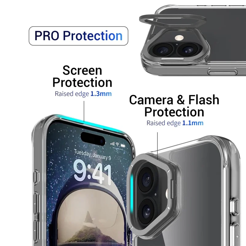 For iPhone 16 Case Shockproof TPU + PC Phone Back Cover with Metal Lens Kickstand - Black