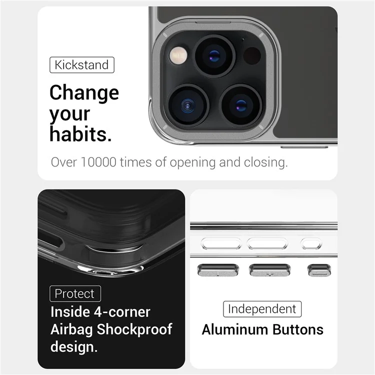 Für iPhone 15 Pro Max Hülle Stoßfest TPU + PC Handyrückseite mit Metall-Objektiv-Ständer - Schwarz