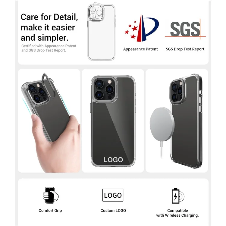 Für iPhone 15 Pro Max Hülle Stoßfest TPU + PC Handyrückseite mit Metall-Objektiv-Ständer - Schwarz