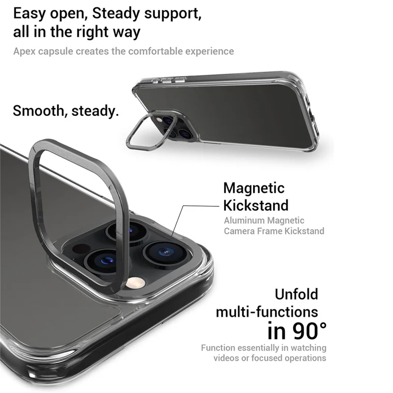 For iPhone 15 Pro Case Shockproof TPU + PC Phone Back Cover with Metal Lens Kickstand - Black