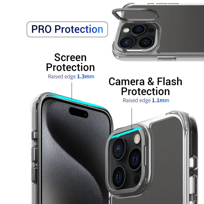 For iPhone 15 Pro Case Shockproof TPU + PC Phone Back Cover with Metal Lens Kickstand - Black