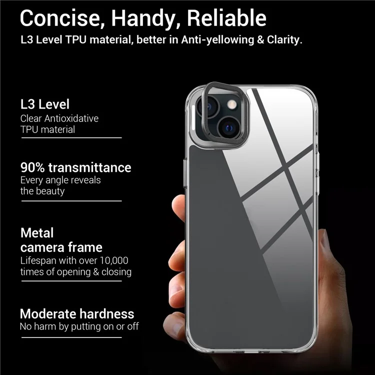 Für iPhone 15 Hülle Stoßfest TPU + PC Handyrückseite mit Metall-Objektiv-Ständer - Schwarz