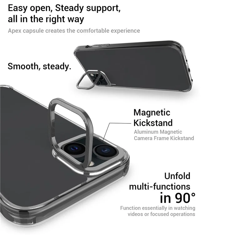 Für iPhone 15 Hülle Stoßfest TPU + PC Handyrückseite mit Metall-Objektiv-Ständer - Schwarz