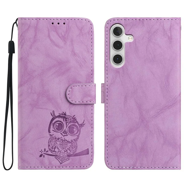 Für Samsung Galaxy S24 FE Hülle Eule Geprägt PU-Leder Brieftasche Handyhülle mit Handschlaufe - Lila