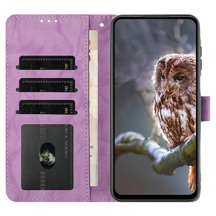 Für Samsung Galaxy S24 FE Hülle Eule Geprägt PU-Leder Brieftasche Handyhülle mit Handschlaufe - Lila