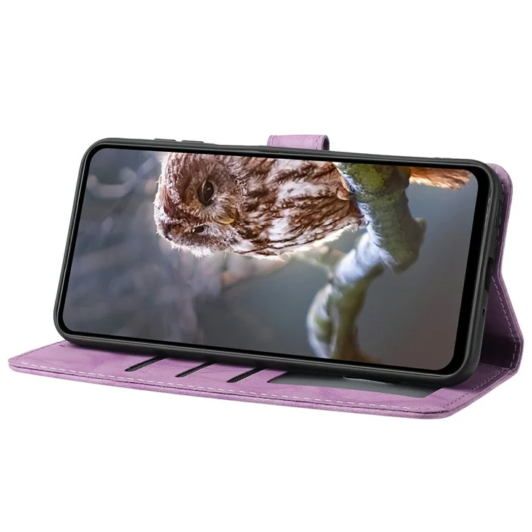 Für Samsung Galaxy S24 FE Hülle Eule Geprägt PU-Leder Brieftasche Handyhülle mit Handschlaufe - Lila