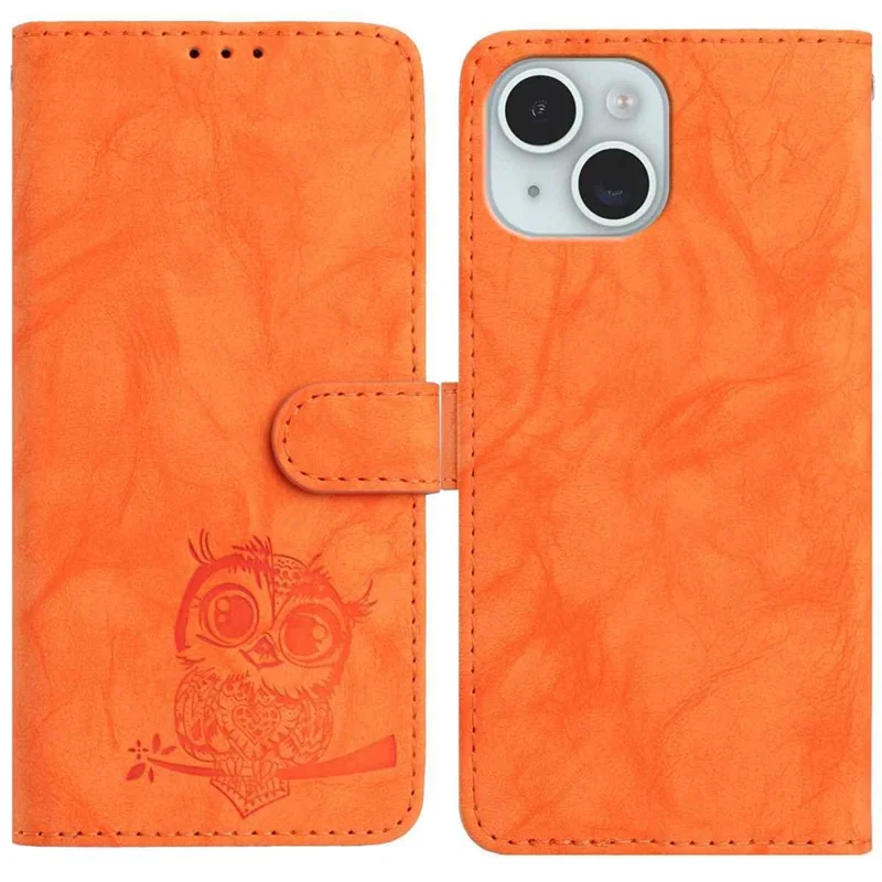 For iPhone 15 Case Owl Imprinted PU Leather Wallet Phone Cover with Wrist Strap - Orange