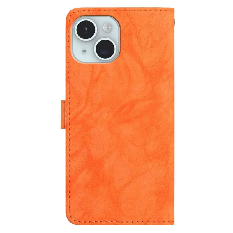 For iPhone 15 Case Owl Imprinted PU Leather Wallet Phone Cover with Wrist Strap - Orange