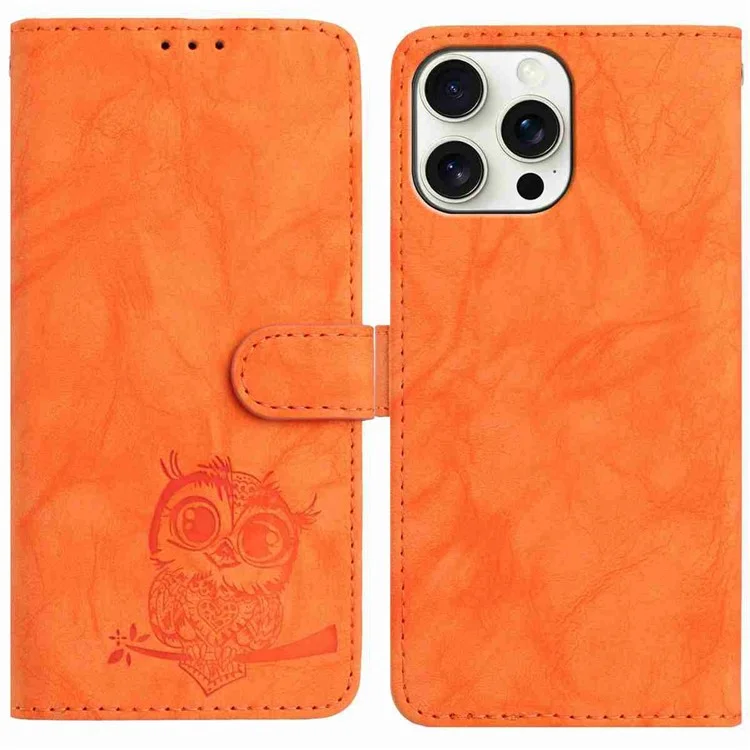 iPhone 15 Pro Hülle mit Eulenmotiv - Geldbörsen-Handyhülle aus PU-Leder mit Handschlaufe - Orange