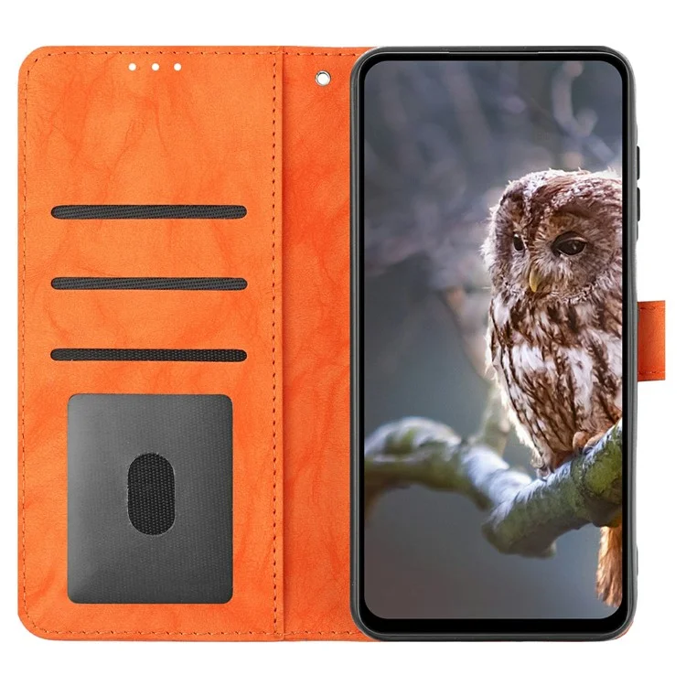 iPhone 15 Pro Hülle mit Eulenmotiv - Geldbörsen-Handyhülle aus PU-Leder mit Handschlaufe - Orange