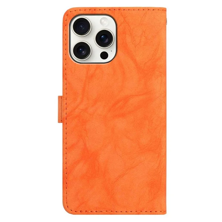 iPhone 15 Pro Hülle mit Eulenmotiv - Geldbörsen-Handyhülle aus PU-Leder mit Handschlaufe - Orange