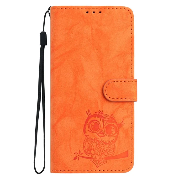Capa para iPhone 15 Pro Max Carteira de Couro PU com Estampa de Coruja e Alça de Pulso - Laranja