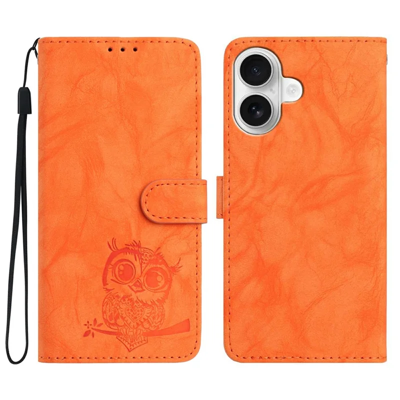 Für iPhone 16 Hülle mit Eulenmotiv aus PU-Leder mit Geldbörsen-Funktion und Handschlaufe - Orange