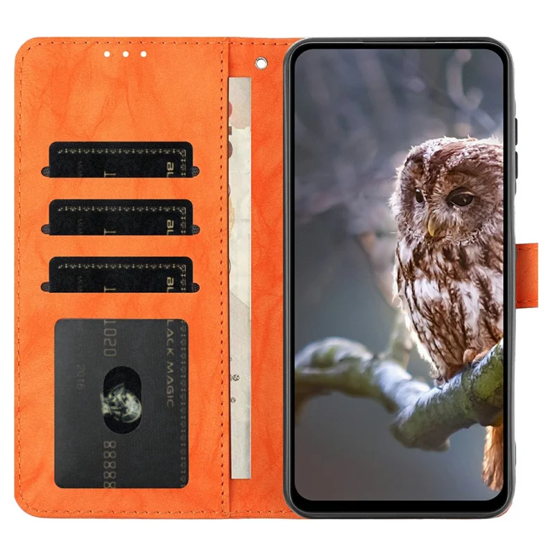 Für iPhone 16 Hülle mit Eulenmotiv aus PU-Leder mit Geldbörsen-Funktion und Handschlaufe - Orange