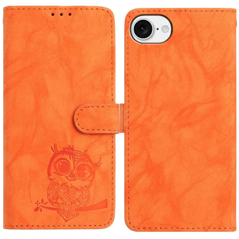 For iPhone 17e / 16e Case Owl Imprinted PU Leather Wallet Phone Cover with Wrist Strap - Orange