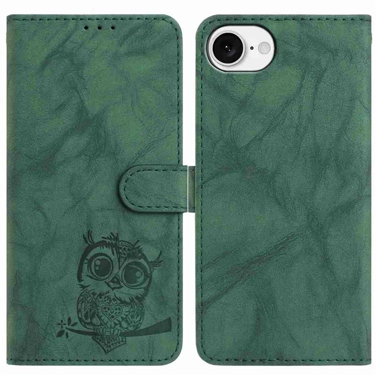 For iPhone 16e Case Owl Imprinted PU Leather Wallet Phone Cover with Wrist Strap - Green