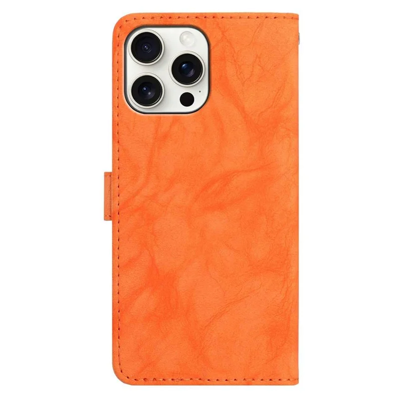 Til iPhone 16 Pro Case med Ulvemønster Printet PU Læder Wallet Hylster med Håndledsrem - Orange