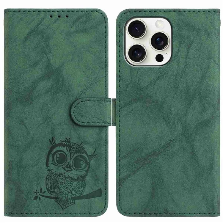For iPhone 16 Pro Case Owl Imprinted PU Leather Wallet Phone Cover with Wrist Strap - Green