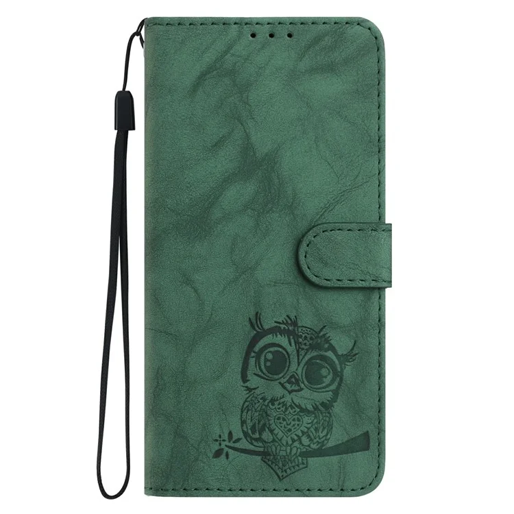 For iPhone 16 Pro Case Owl Imprinted PU Leather Wallet Phone Cover with Wrist Strap - Green