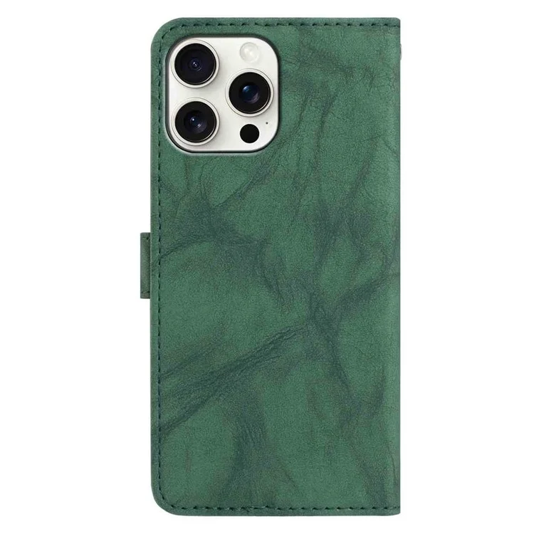 For iPhone 16 Pro Case Owl Imprinted PU Leather Wallet Phone Cover with Wrist Strap - Green