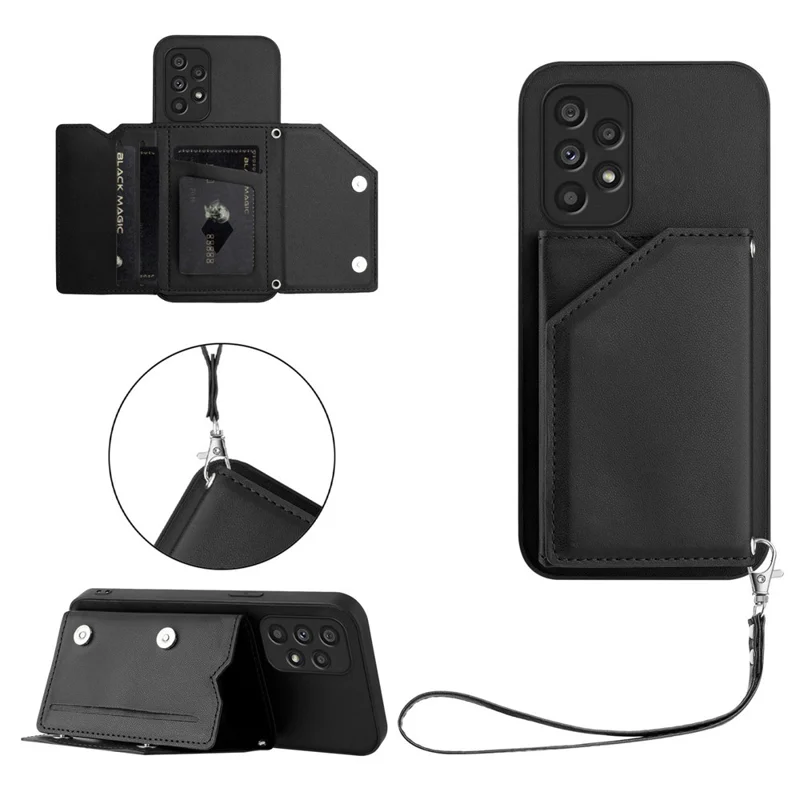 For Samsung Galaxy A53 5G Case Card Holder Kickstand Skin-Touch Phone Cover with Wrist Strap - Black
