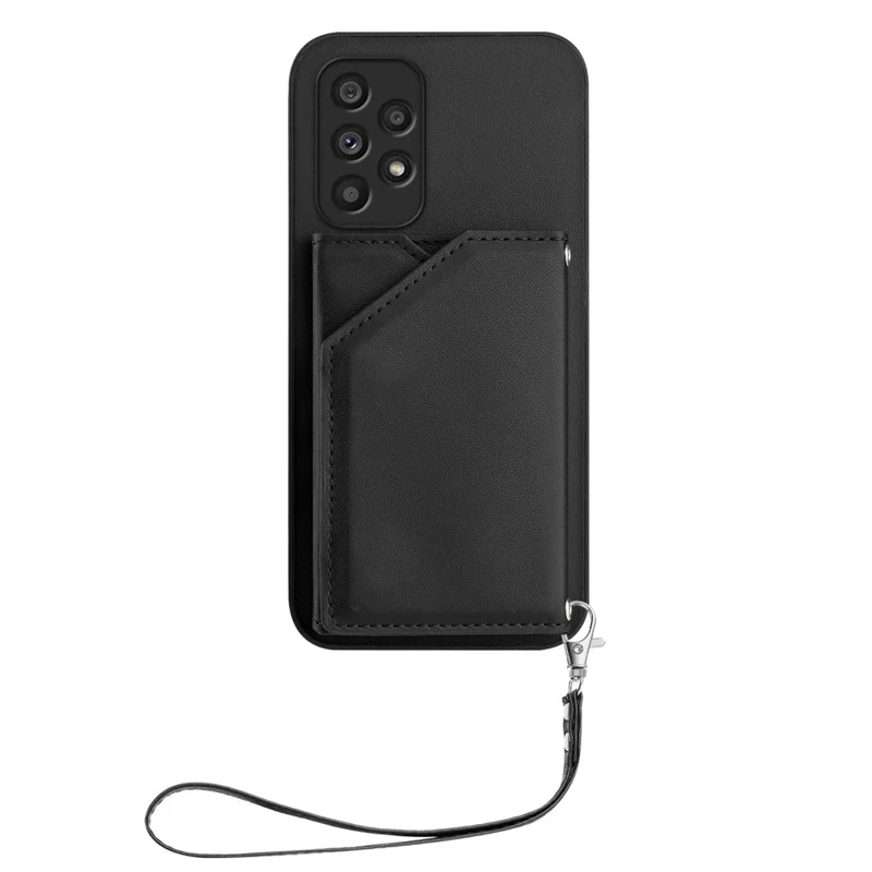 For Samsung Galaxy A53 5G Case Card Holder Kickstand Skin-Touch Phone Cover with Wrist Strap - Black