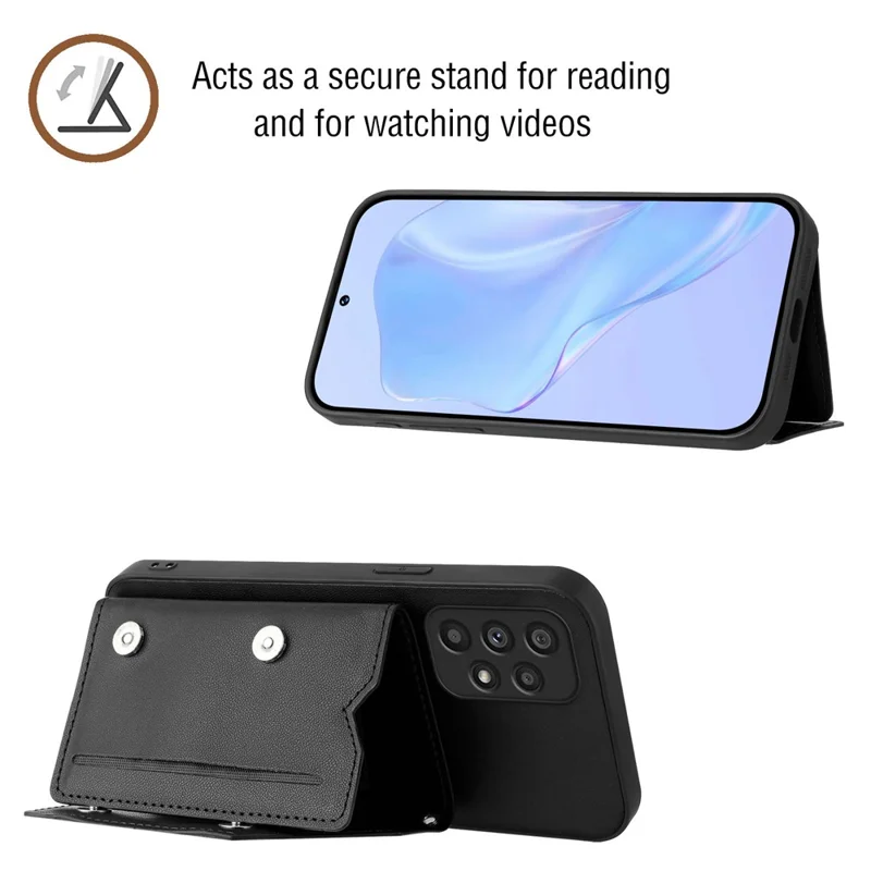 For Samsung Galaxy A53 5G Case Card Holder Kickstand Skin-Touch Phone Cover with Wrist Strap - Black