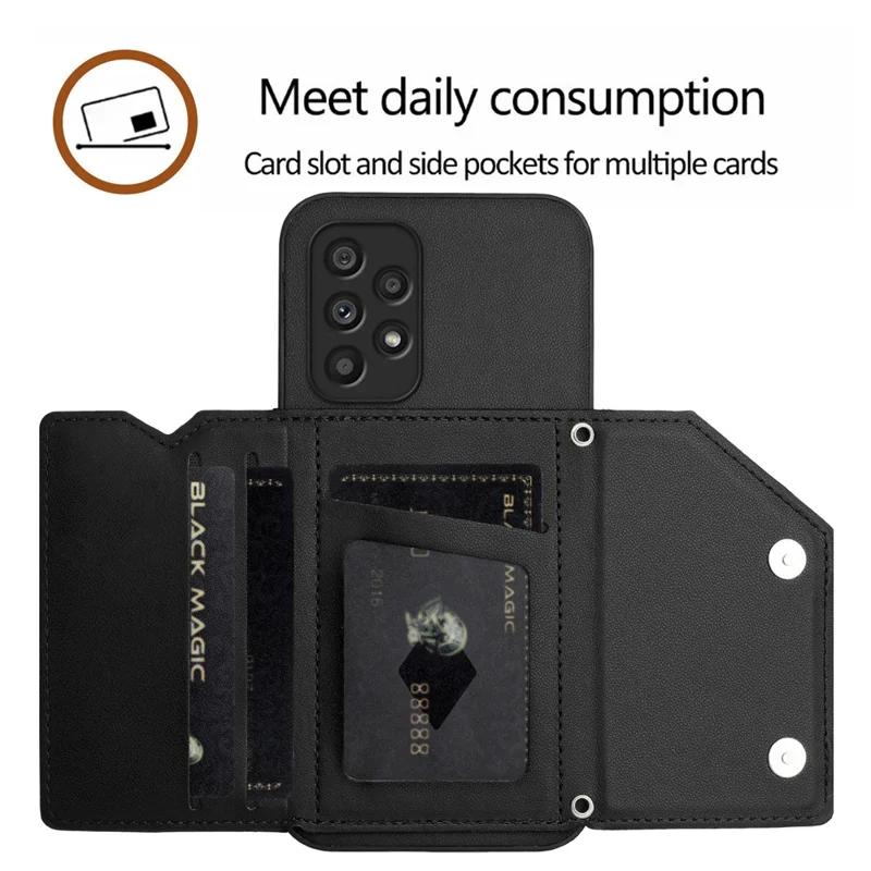 For Samsung Galaxy A53 5G Case Card Holder Kickstand Skin-Touch Phone Cover with Wrist Strap - Black