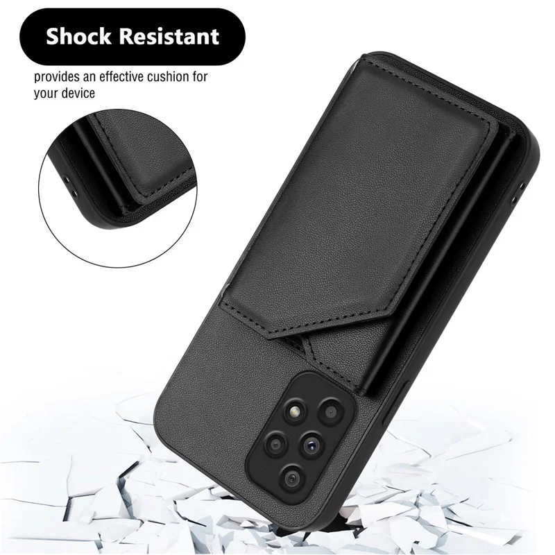 For Samsung Galaxy A53 5G Case Card Holder Kickstand Skin-Touch Phone Cover with Wrist Strap - Black