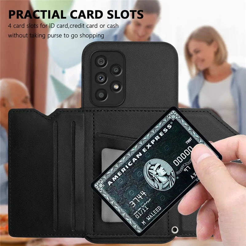 For Samsung Galaxy A53 5G Case Card Holder Kickstand Skin-Touch Phone Cover with Wrist Strap - Black