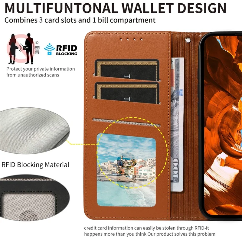 For Samsung Galaxy S25 Edge Case RFID Blocking Leather Wallet Flip Phone Cover with Wrist Strap - Light Brown